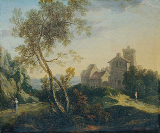 Ideal landscape with trees and a fortified village at dusk - Johann Christian Brand — artwork view