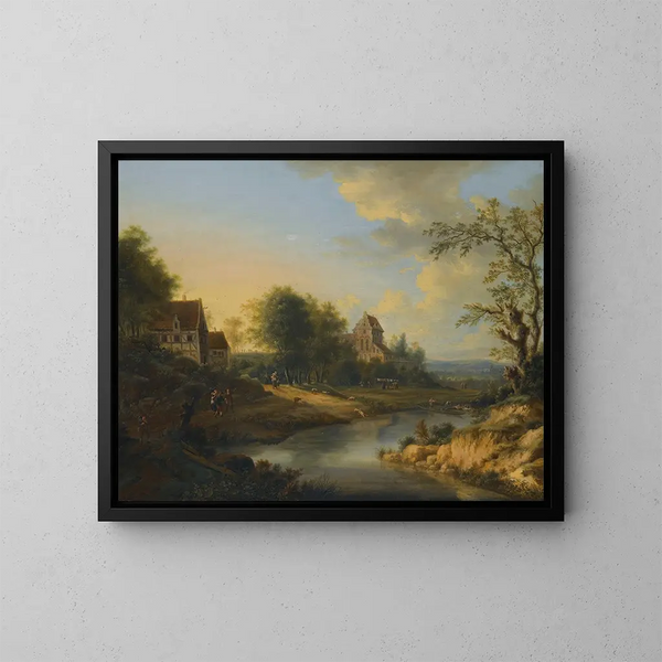 a river landscape with figures on the bank and sheep grazing - Johann Christian Vollerdt — framed artwork on a wall