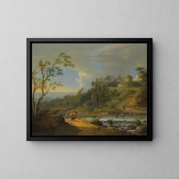 a river landscape with fishermen dredging a spillway - Johann Christian Vollerdt — framed artwork on a wall