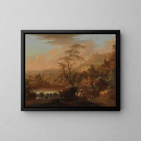 a mountain landscape with travelers - Johann Christian Vollerdt — framed artwork on a wall