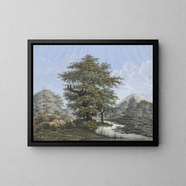 Landscape painting with an oak by a riverbank - Johann David Passavant — framed artwork on a wall