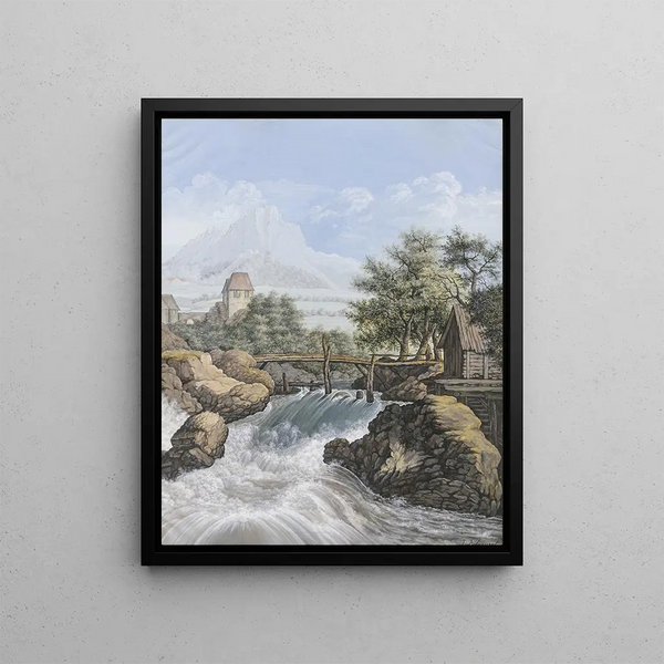 a rushing stream with a bridge and a view of a valley - Johann David Passavant — framed artwork on a wall