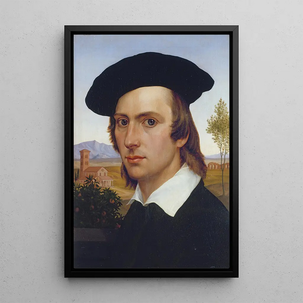 Self-portrait with beret in front of a Roman landscape - Johann David Passavant — framed artwork on a wall