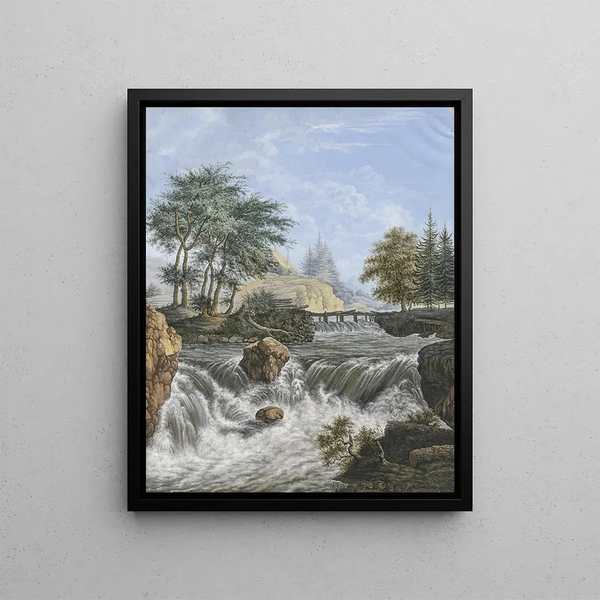Cascade dans les montagnes sur la rive et conifères en arrière-plan - Johann David Passavant — framed artwork on a wall