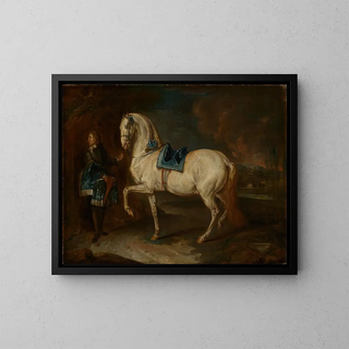 Master of stables with a gray horse - Johann Elias Ridinger — framed artwork on a wall
