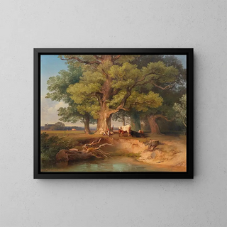Landscape painting with cows and shepherds - Johann Fischbach — framed artwork on a wall