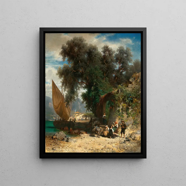 Repos au bord d'un lac du nord de l'Italie - Johann Friedrich Hennings — framed artwork on a wall