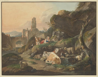 Bergers sur des rochers avec une bergère devant un âne, des moutons et des chèvres en arrière-plan, des ruines avec un pont - Johann Friedrich Morgenstern — artwork view