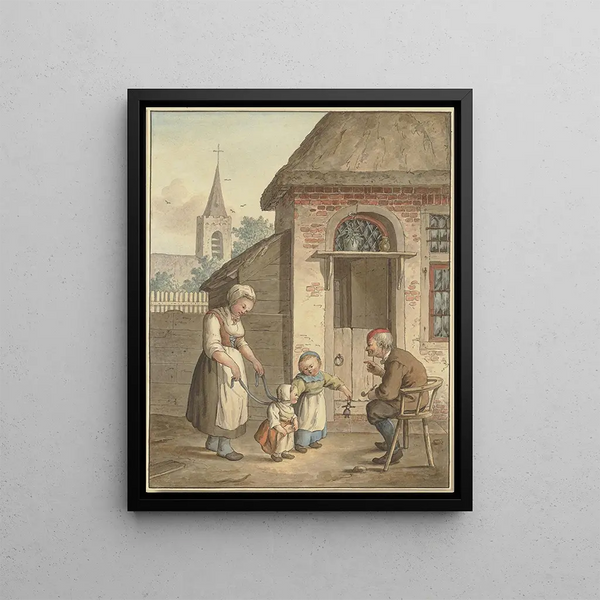 the old man in front of the entrance door with a maid and two children - Johann Friedrich Morgenstern — framed artwork on a wall