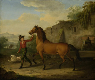 a painting of a stable hand leading a stallion to the manger - Johann Georg Pforr — artwork view