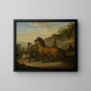 a painting of a stable hand leading a stallion to the manger - Johann Georg Pforr — framed artwork on a wall