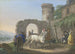 a seated knight with his wife and son in front of his house, being presented a white horse - Johann Georg Pforr — artwork view