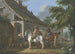 A richly dressed knight stops with three horses and a servant in front of a farm, a young barefoot woman offers him a drink - Johann Georg Pforr — artwork view