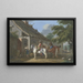 A richly dressed knight stops with three horses and a servant in front of a farm, a young barefoot woman offers him a drink - Johann Georg Pforr — framed artwork on a wall