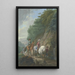 a painting featuring a rider in a red coat on a white horse with a suite, riding on a steep mountain path crossing a wooden bridge near a waterfall - Johann Georg Pforr — framed artwork on a wall