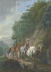 a painting featuring a rider in a red coat on a white horse with a suite, riding on a steep mountain path crossing a wooden bridge near a waterfall - Johann Georg Pforr — artwork view