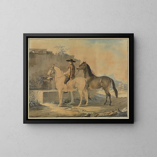Cavalier with Two Horses at the Well - Johann Georg Pforr — framed artwork on a wall
