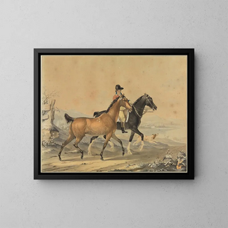 Cavalier with Two Horses and a Dog - Johann Georg Pforr — framed artwork on a wall