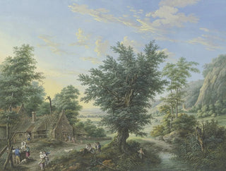 Rich landscape painting with trees, meadows, and villages, on the left in the foreground a hut with a well and numerous figures - Johann Georg Pforr — artwork view
