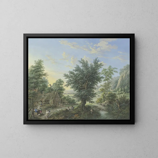 Rich landscape painting with trees, meadows, and villages, on the left in the foreground a hut with a well and numerous figures - Johann Georg Pforr — framed artwork on a wall