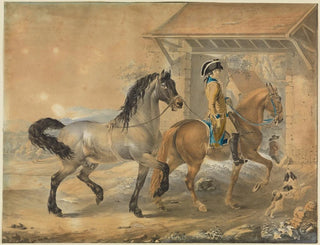 Soldier with 2 horses in front of a stable - Johann Georg Pforr — artwork view