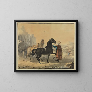 Turkish Painting with a Rappe and a Schimmel - Johann Georg Pforr — framed artwork on a wall