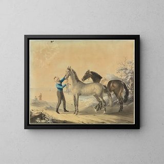 Cavalier avec deux chevaux au bord de la mer - Johann Georg Pforr — framed artwork on a wall