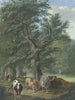 The livestock rests under a large oak tree, in the distance a stag on the left a woman bringing food to the shepherd - Johann Georg Pforr — artwork view