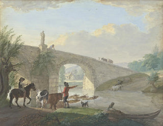 Bétail avec deux bergers traversant un pont de pierre à la nage - Johann Georg Pforr — artwork view