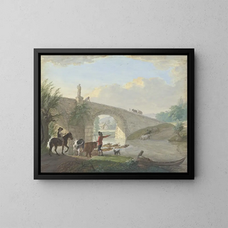 Bétail avec deux bergers traversant un pont de pierre à la nage - Johann Georg Pforr — framed artwork on a wall