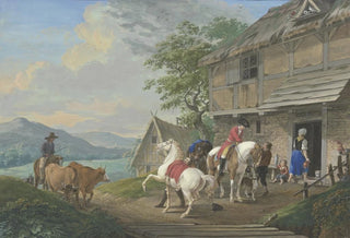 Johann Georg Pforr - Zwei Reiter mit einem Packpferd halten vor einem Bauernhaus.webp