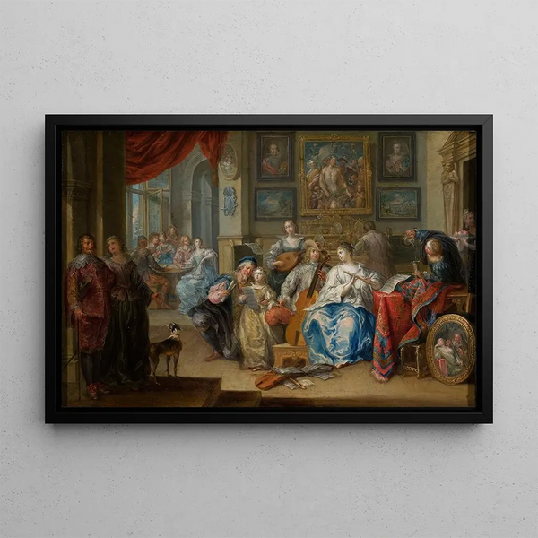 Interior painting with a concert and card players - Johann Georg Platzer — framed artwork on a wall