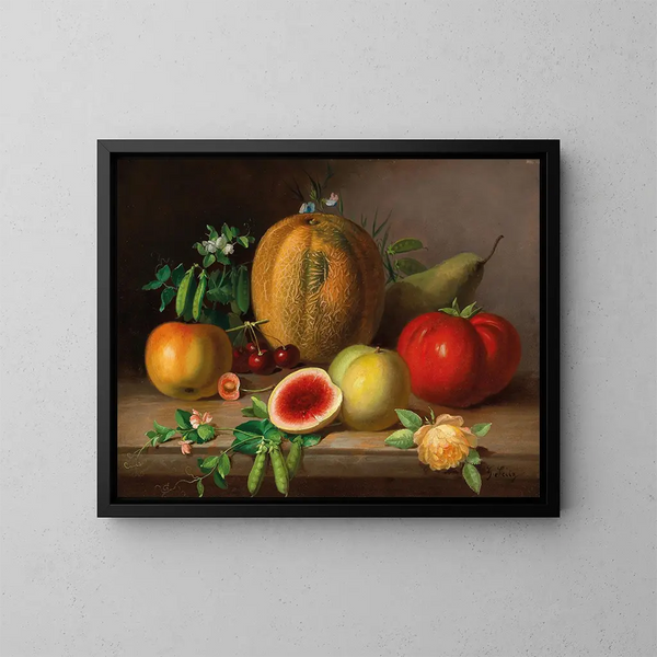 a Still Life Painting of a kitchen scene with melon, tomato, apples, pears, and pea pods in bloom - Johann Georg Seitz — framed artwork on a wall