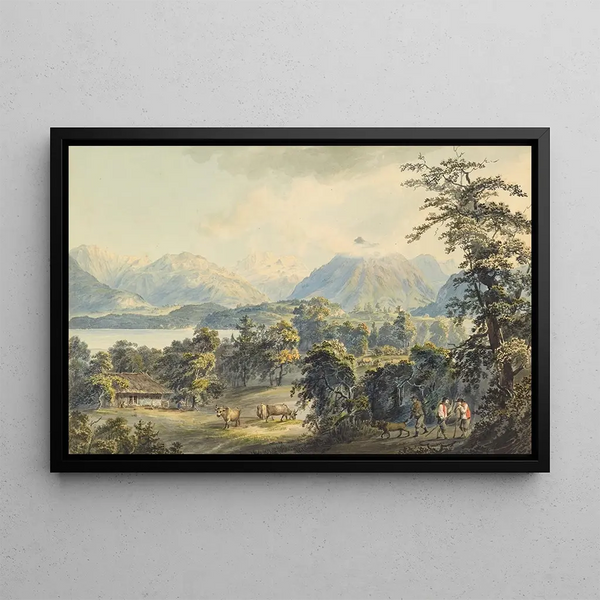 View of Lake Thun and Niesen - Johann Georg Volmar — framed artwork on a wall