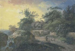 Johann Georg Wagner - Bauernhof mit Staffagefiguren unter Bumen bei einem blhenden Holunderbusch.webp