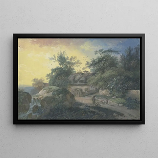 Johann Georg Wagner - Bauernhof mit Staffagefiguren unter Bumen bei einem blhenden Holunderbusch.webp