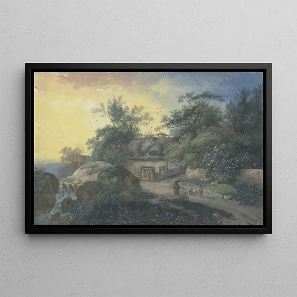 a Farmhouse with figures under trees near a flowering elderberry - Johann Georg Wagner — framed artwork on a wall