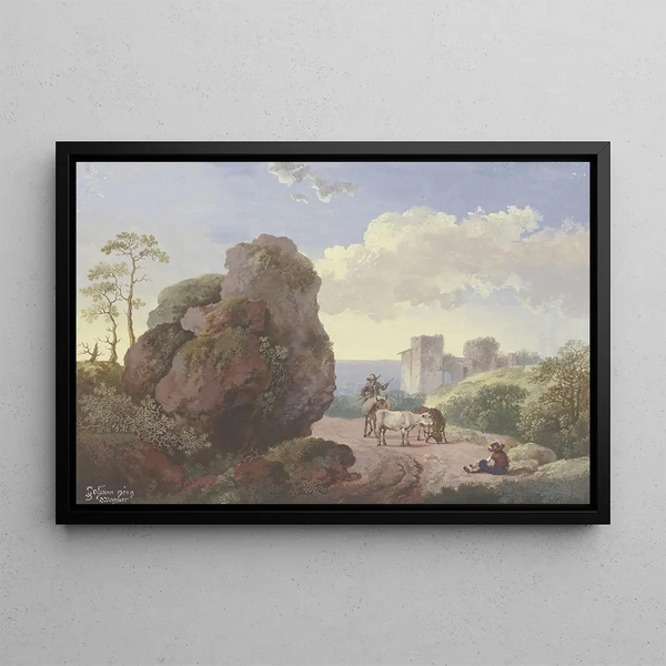 a large rock beside a path with shepherds and livestock, on the right a ruin - Johann Georg Wagner — framed artwork on a wall