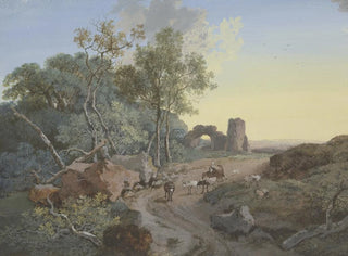 a forest scene and ruins with a bow on a path with shepherds and livestock - Johann Georg Wagner — artwork view