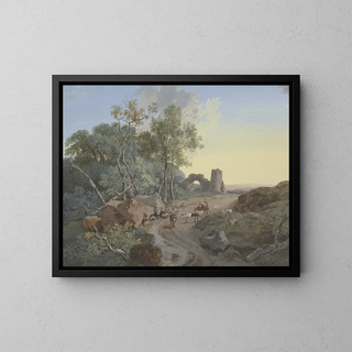 a forest scene and ruins with a bow on a path with shepherds and livestock - Johann Georg Wagner — framed artwork on a wall