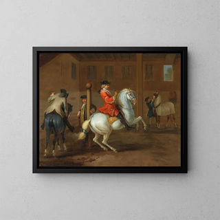 a rider on a gray horse in a riding school - Johann Georg de Hamilton — framed artwork on a wall
