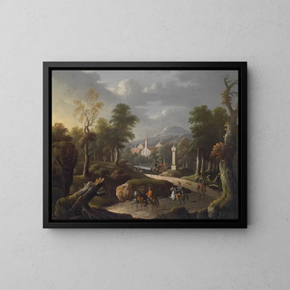 Mountain landscape with travelers - Johann Georg von Bemmel — framed artwork on a wall