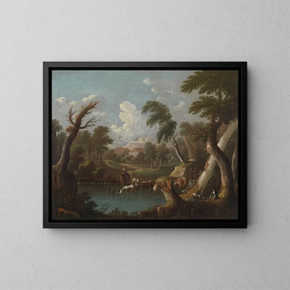 Mountainous landscape painting with cattle drinking - Johann Georg von Bemmel — framed artwork on a wall