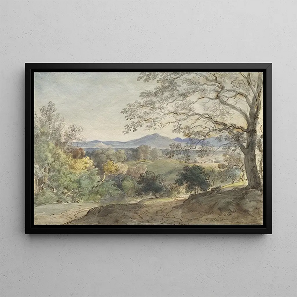 View through the Inn Valley towards the Alps and Neubeuern - Johann Georg von Dillis — framed artwork on a wall
