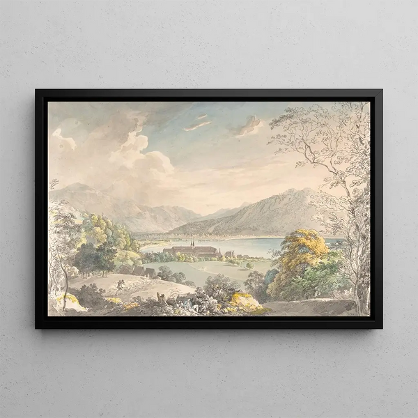 View of the Tegernsee Monastery seen from the northeast - Johann Georg von Dillis — framed artwork on a wall