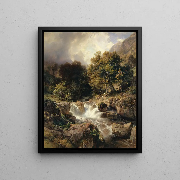 Landscape painting with patterns of the Murg valley near Lake Walenstadt - Johann Gottfried Steffan — framed artwork on a wall