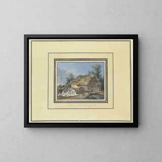 Watermill painting with a peasant, a donkey, and a dog - Johann Gottlieb Hackert — framed artwork on a wall