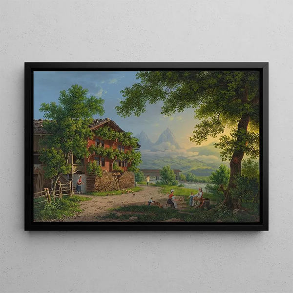 The Bridge of the Muota near Schwyz - Johann Heinrich Bleuler the Younger — framed artwork on a wall