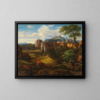 Landscape painting of a countryside with a fortified city - Johann Heinrich Ferdinand Olivier — framed artwork on a wall
