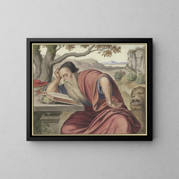 Saint Jerome Reading in a Landscape - Johann Heinrich Ferdinand Olivier — framed artwork on a wall